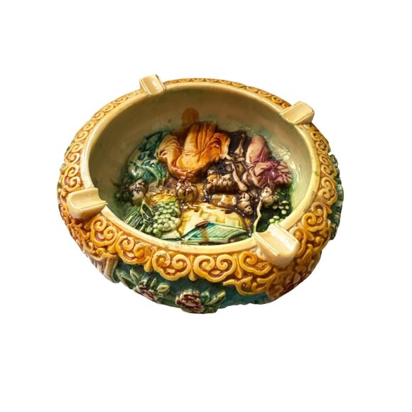 Vintage Hand Carved Jade Chinese Ashtray Relief Scene Ceramic Decor Made Italy - Picture 3 of 11